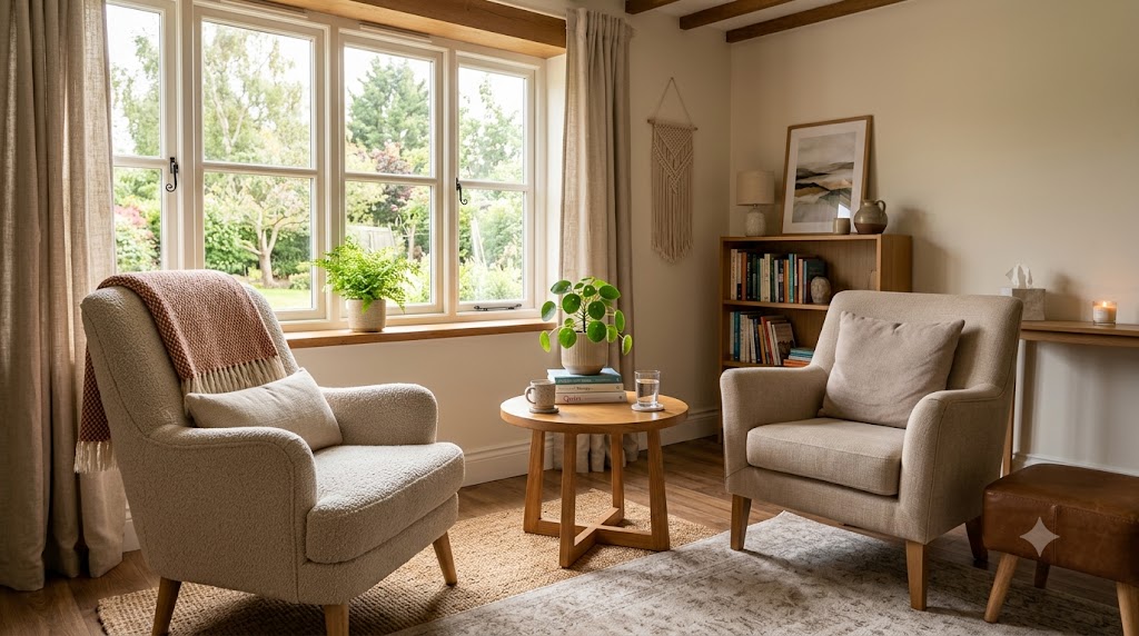 Individual Therapy in West Virginia | Passages Therapy 1 A warm, inviting therapy office interior. Two comfortable
upholstered chairs facing each other near a large window
with soft natural light. A small side table with a plant,
warm wood tones, neutral textiles, cozy but professional.
No people. Warm earthy palette, soft shadows, photorealistic,
16:9 landscape ratio. Calm and welcoming mood.